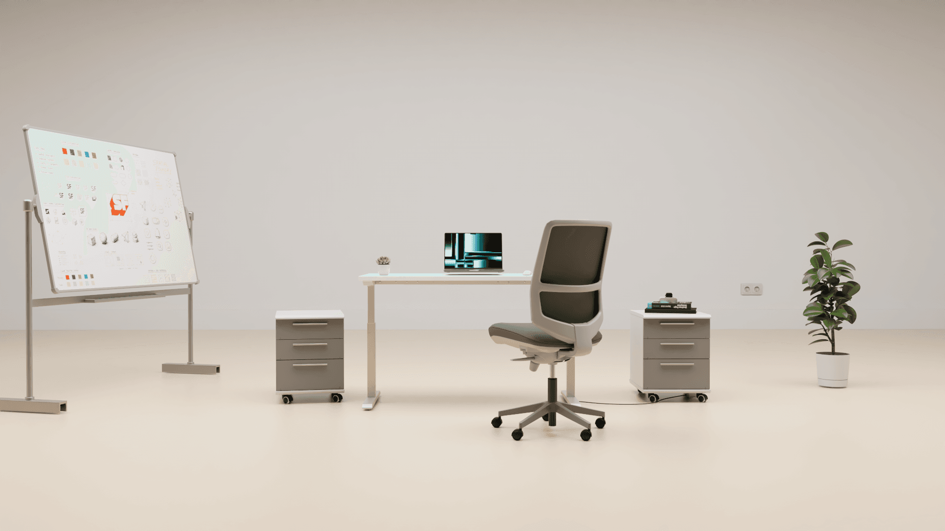 Rendered studio workspace with a design board, desk and chair